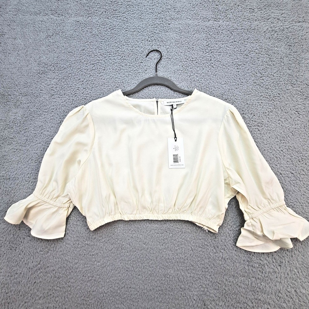WeWoreWhat Top Womens Large Cream‎ Cropped Puff Sleeve Blouse with Ruffle Cuffs